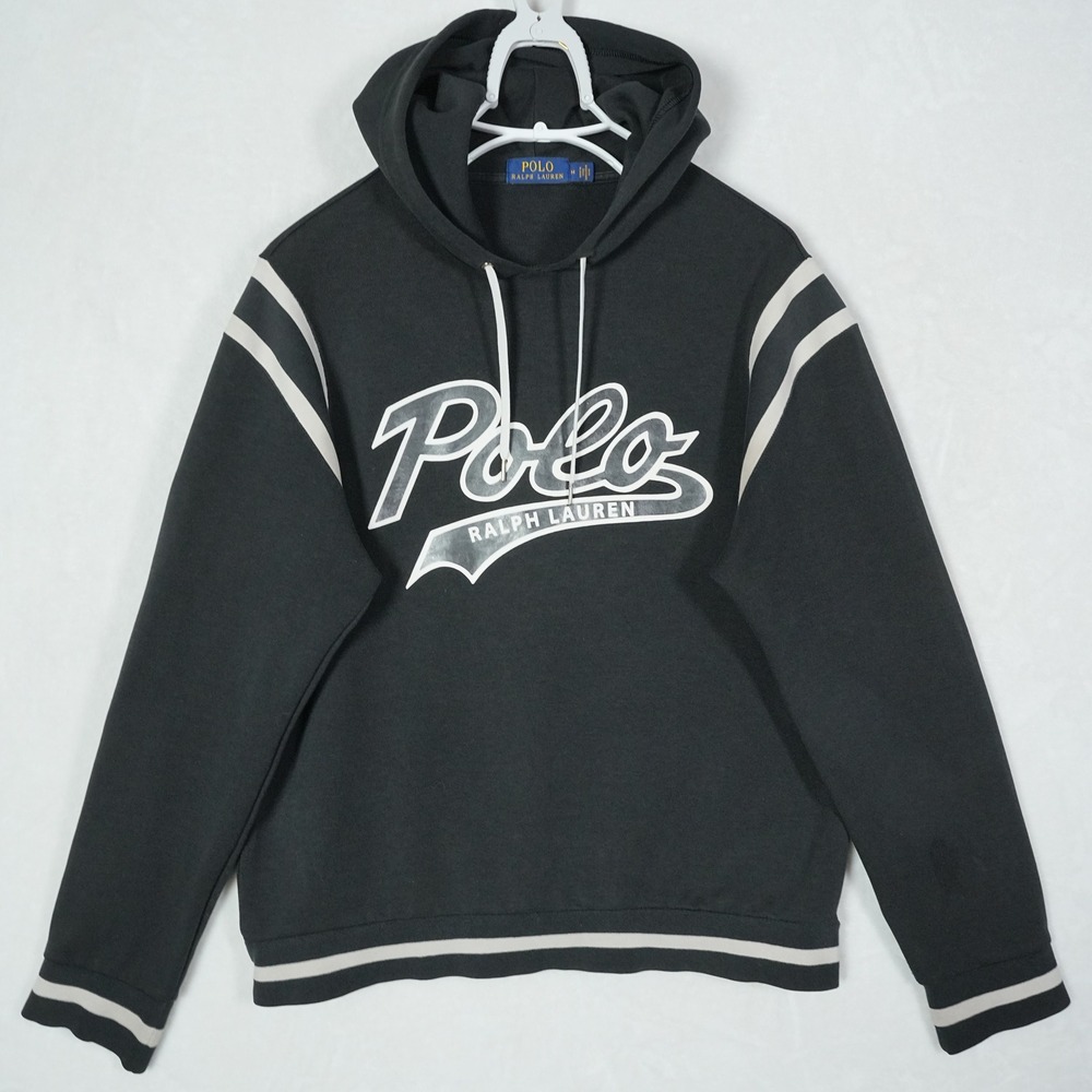 Polo Ralph Lauren Mens Black Spellout Varsity Stripe Pullover Hoodie Size Medium